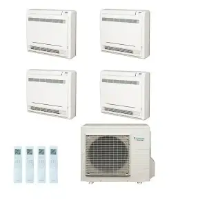 Daikin Multi 4MXS68F inverter heat pump system with four FVXS25F 2.5kW floor/console units, offering A+ energy-rated multi-zone climate control for 240V~50Hz installations.